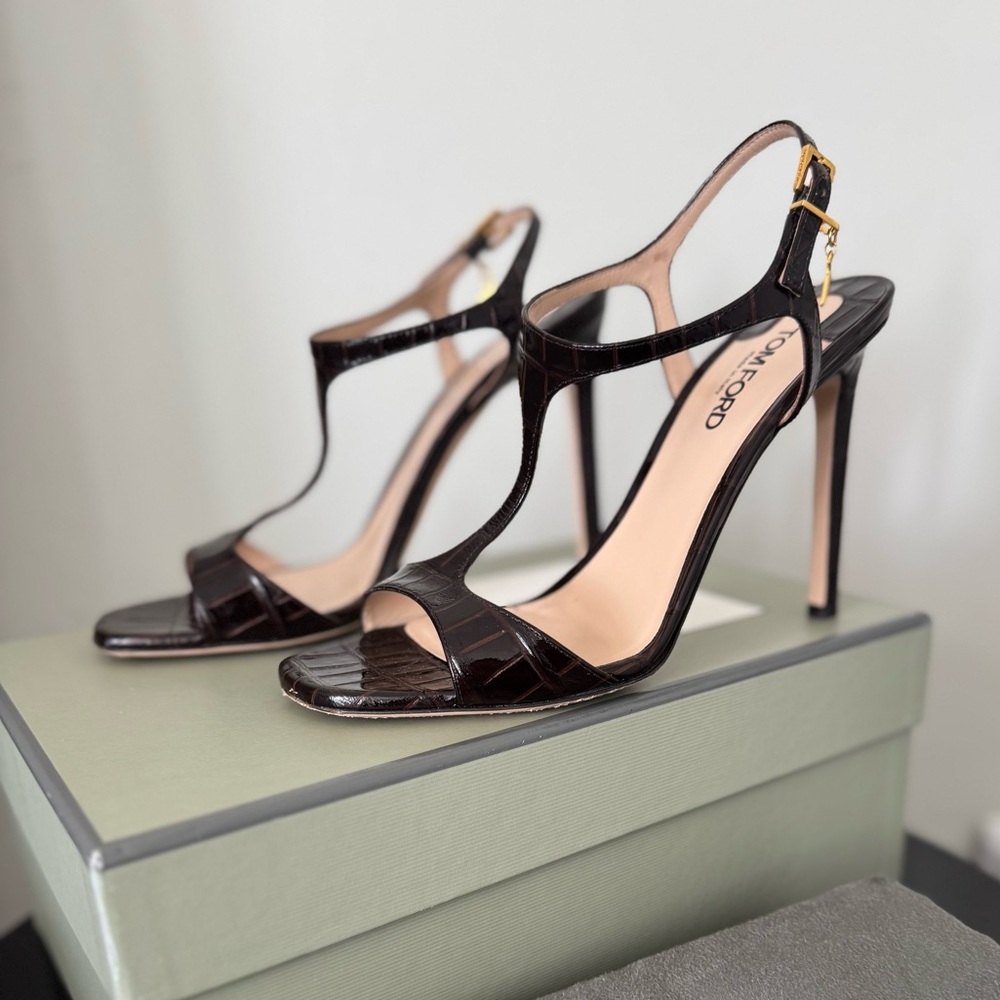 Tom Ford Brown Croc Leather Stiletto Sandals